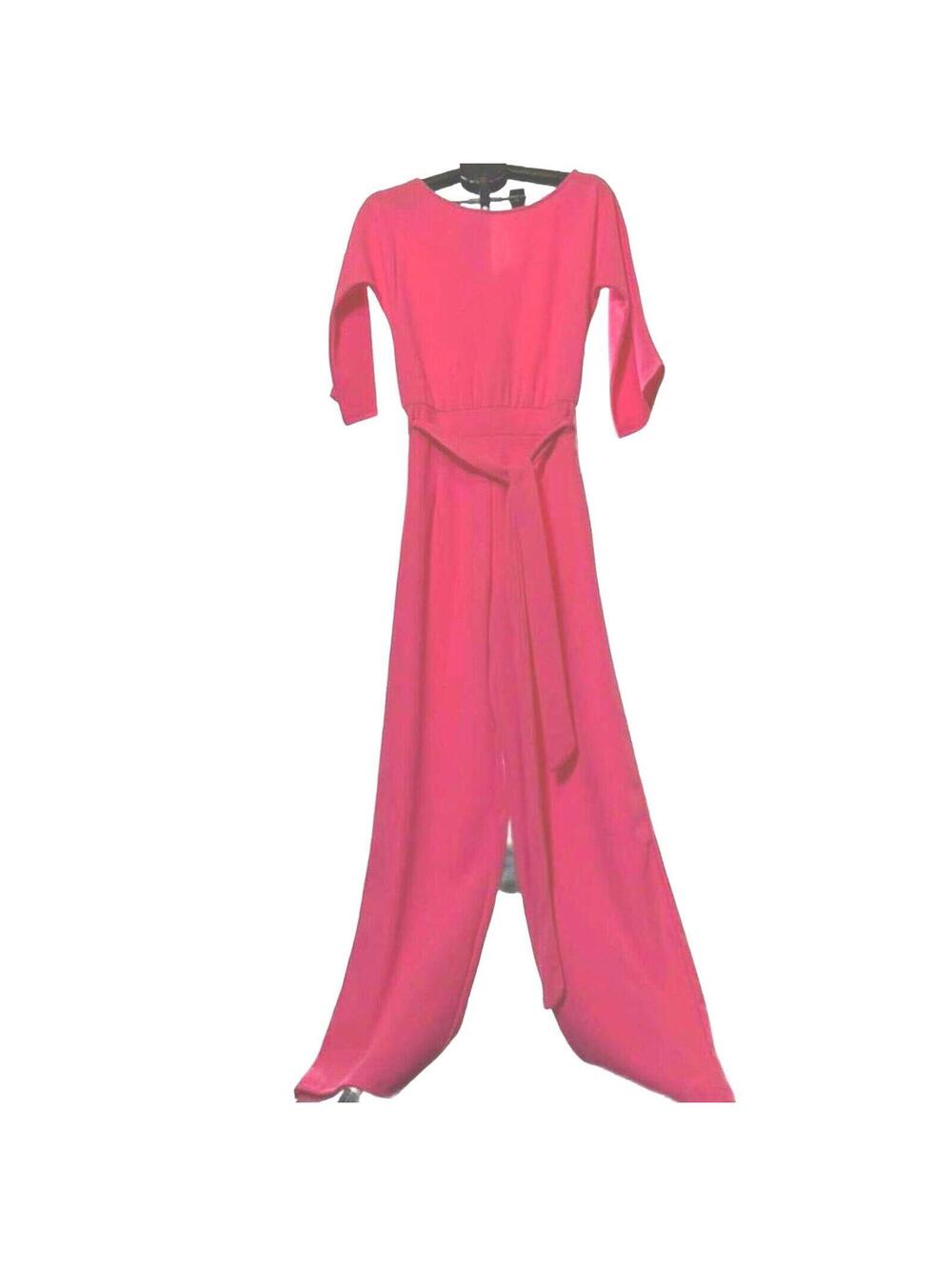 HOT PINK FULL LENGTH JUMPSUIT BELTED S/M POLYESTER 3/4 SLEEVES FUSHIA NWOT